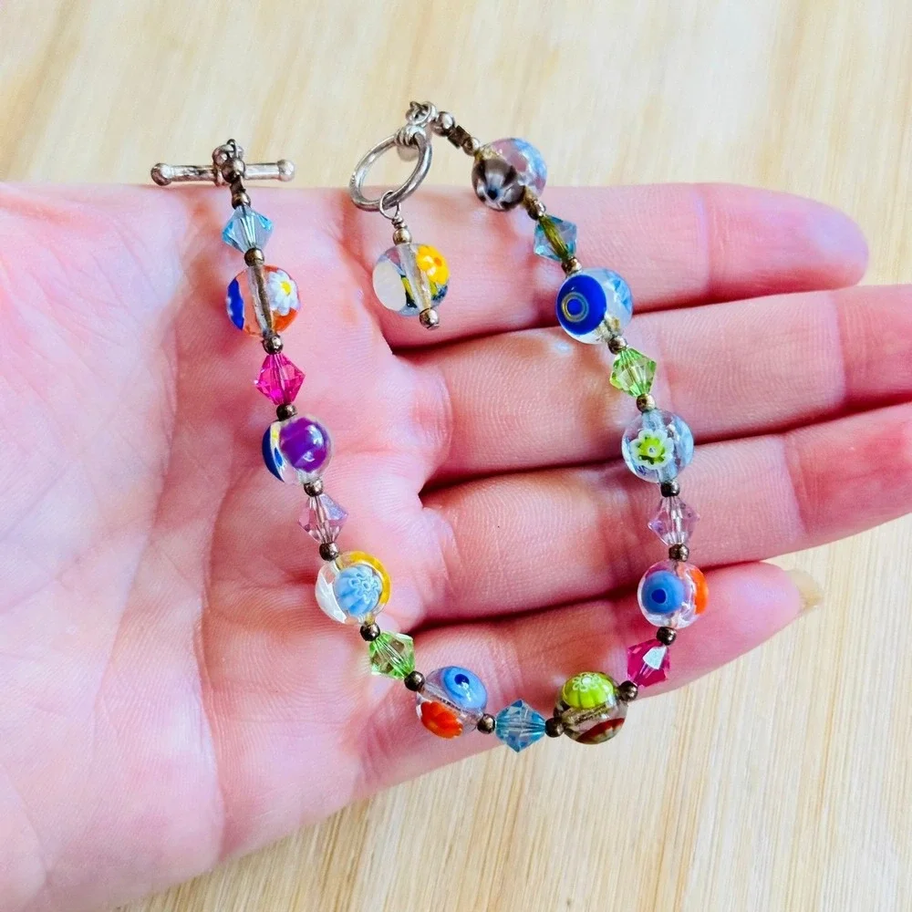 Lucky Clover Bracelet Murano Venetian Art Glass Beads Toggle Millefiori 925 7.5